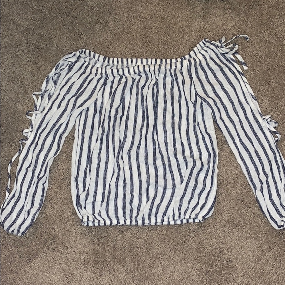 Navy stripes on cream colored off shoulder top!